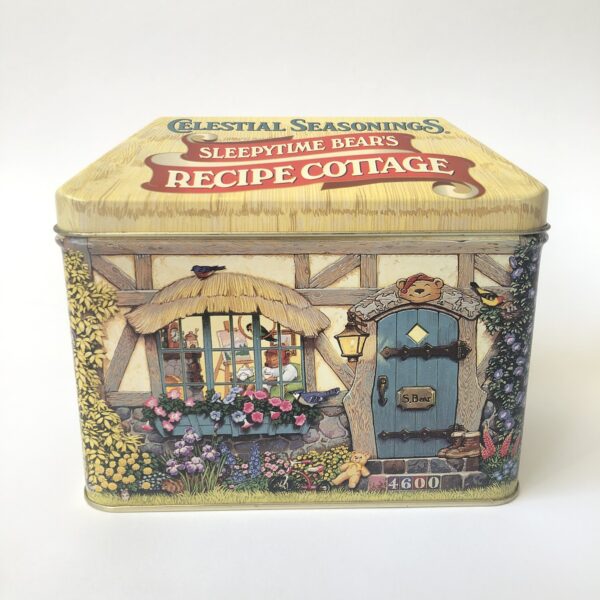 Vintage blik/trommel van Celestial Seasonings, sleepytime bear's recipe cottage