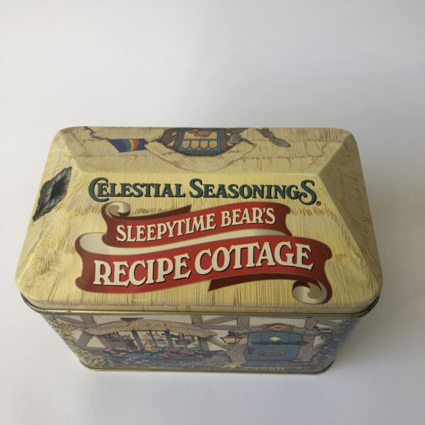 Vintage blik/trommel van Celestial Seasonings, sleepytime bear's recipe cottage