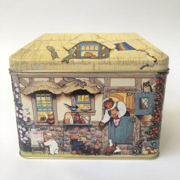 Vintage blik/trommel van Celestial Seasonings, sleepytime bear's recipe cottage