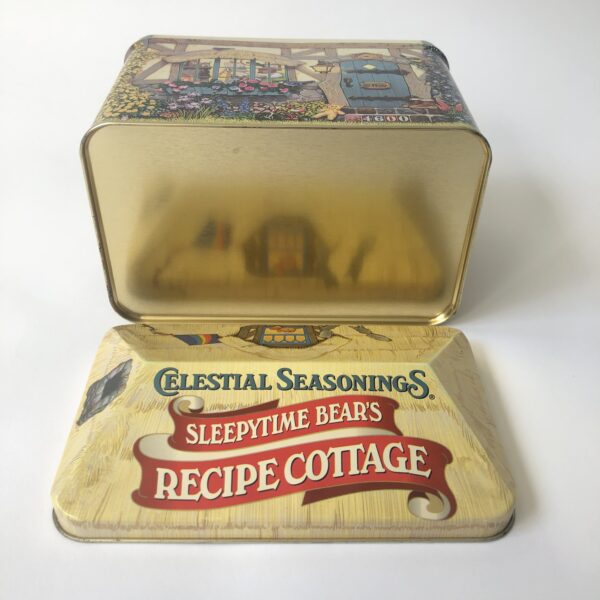 Vintage blik/trommel van Celestial Seasonings, sleepytime bear's recipe cottage