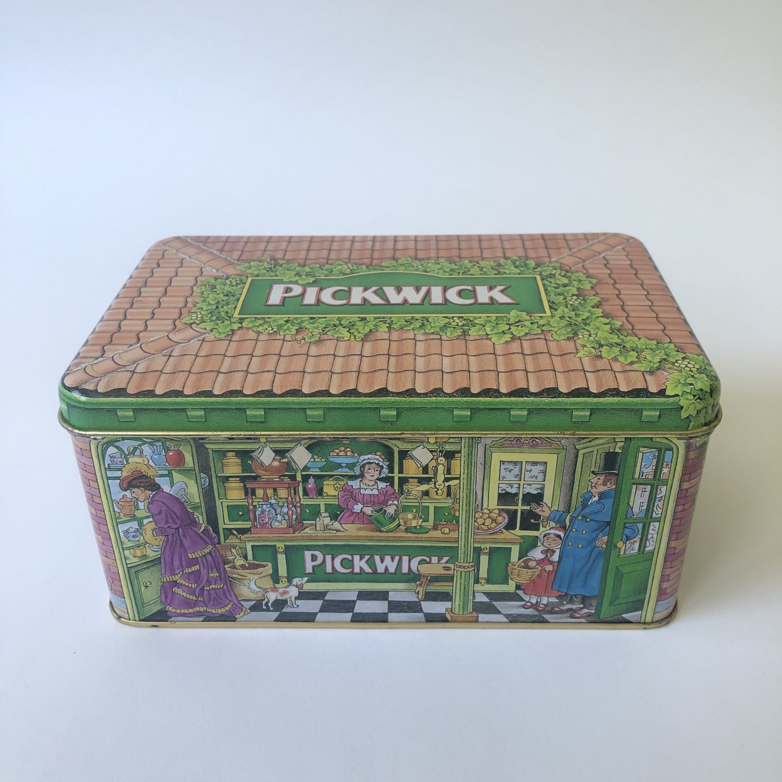 Vintage rechthoekig theeblik van Douwe Egberts voor Pickwick thee